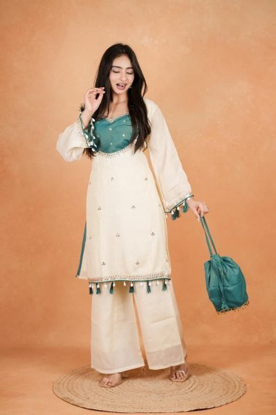 Festive Teal Green Traditional Embroidered Palazzo Suit for Festival Functions CO ORD Sets