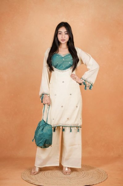 Festive Teal Green Traditional Embroidered Palazzo Suit for Festival Functions CO ORD Sets
