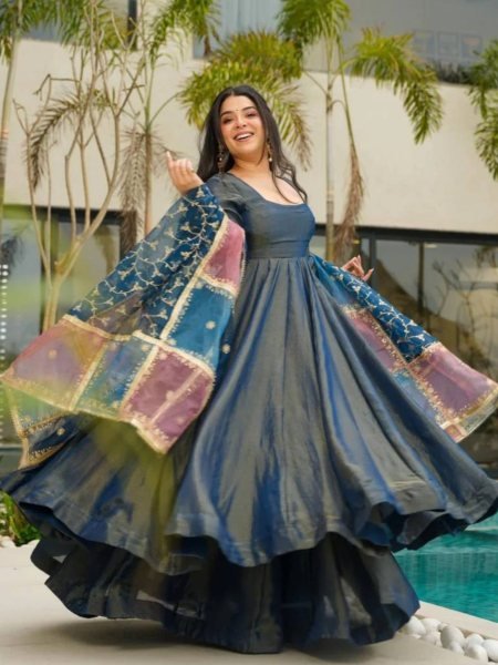 Festive Wear 3 Piece Anarkali Dress in Roman Silk Sequin Embroidery Dupatta    Heavy Flair Palazzo For Best Price 