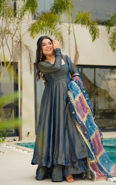 Festive Wear 3 Piece Anarkali Dress in Roman Silk Sequin Embroidery Dupatta    Heavy Flair Palazzo For Best Price Anarkali Kurtis 