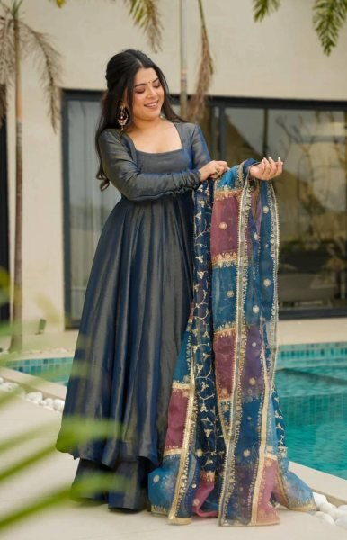 Festive Wear 3 Piece Anarkali Dress in Roman Silk Sequin Embroidery Dupatta    Heavy Flair Palazzo For Best Price Anarkali Kurtis 
