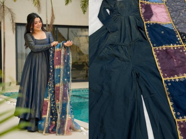 Festive Wear 3 Piece Anarkali Dress in Roman Silk Sequin Embroidery Dupatta    Heavy Flair Palazzo For Best Price Anarkali Kurtis 