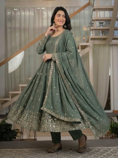 Festive Wear Anarkali Gown Set in Heavy Crunchy Silk Ready To Wear Collection