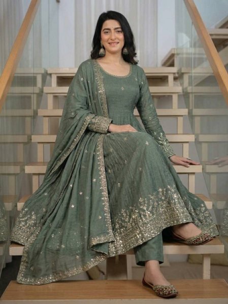 Festive Wear Anarkali Gown Set in Heavy Crunchy Silk Ready To Wear Collection
