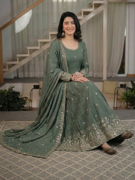 Festive Wear Anarkali Gown Set in Heavy Crunchy Silk Ready To Wear Collection