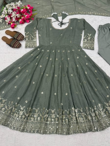 Festive Wear Anarkali Gown Set in Heavy Crunchy Silk Ready To Wear Collection