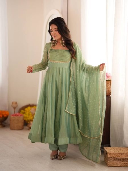 Festive Wear Aqua Green Designer Gown with Golden Lace Dupatta From Royal Export 