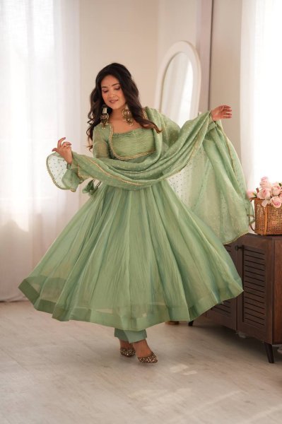 Festive Wear Aqua Green Designer Gown with Golden Lace Dupatta From Royal Export Ready To Wear Collection