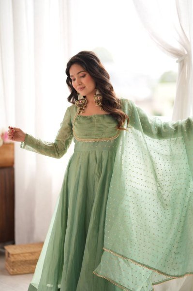 Festive Wear Aqua Green Designer Gown with Golden Lace Dupatta From Royal Export Ready To Wear Collection