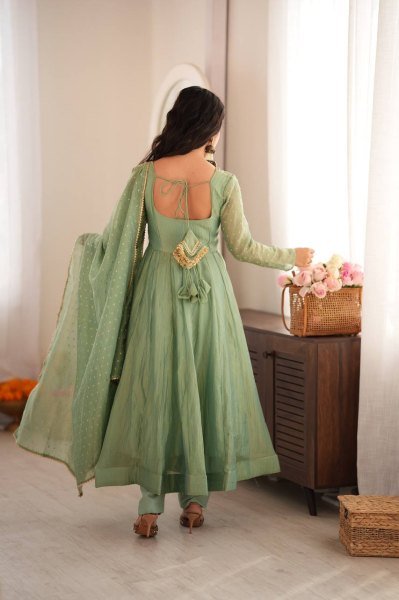Festive Wear Aqua Green Designer Gown with Golden Lace Dupatta From Royal Export Ready To Wear Collection