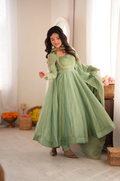 Festive Wear Aqua Green Designer Gown with Golden Lace Dupatta From Royal Export Ready To Wear Collection