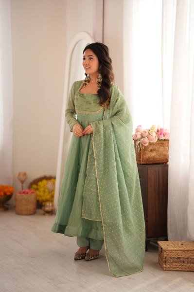 Festive Wear Aqua Green Designer Gown with Golden Lace Dupatta From Royal Export Ready To Wear Collection