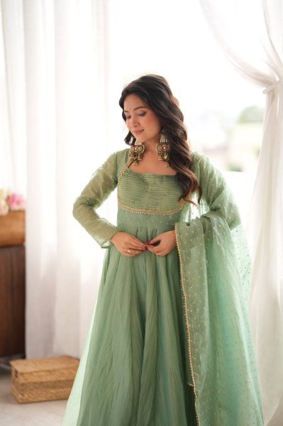 Festive Wear Aqua Green Designer Gown with Golden Lace Dupatta From Royal Export Ready To Wear Collection