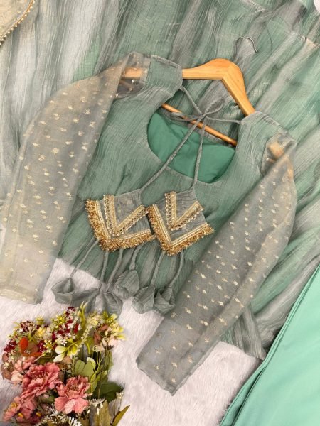 Festive Wear Aqua Green Designer Gown with Golden Lace Dupatta From Royal Export Ready To Wear Collection