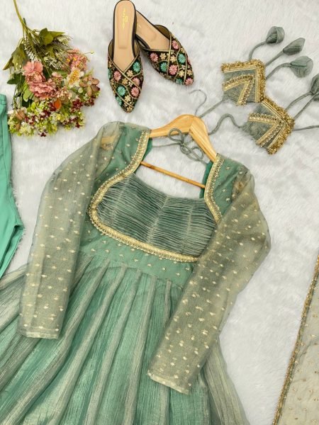 Festive Wear Aqua Green Designer Gown with Golden Lace Dupatta From Royal Export Ready To Wear Collection