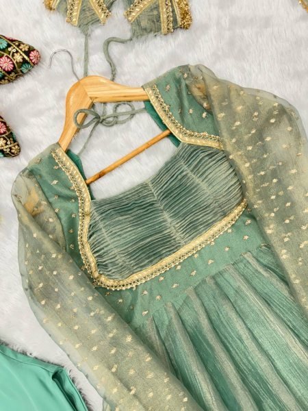 Festive Wear Aqua Green Designer Gown with Golden Lace Dupatta From Royal Export Ready To Wear Collection