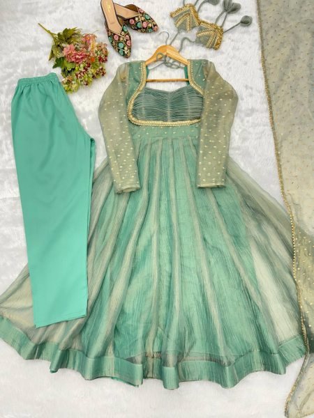 Festive Wear Aqua Green Designer Gown with Golden Lace Dupatta From Royal Export Ready To Wear Collection