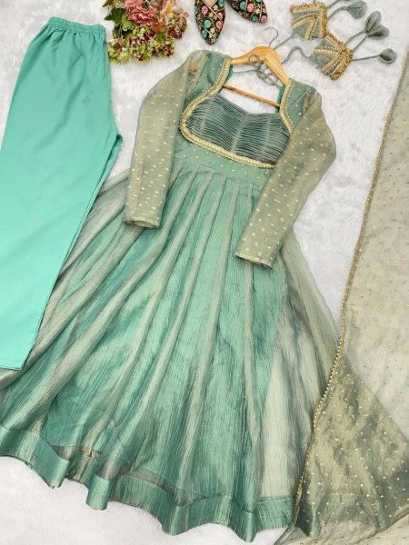 Festive Wear Aqua Green Designer Gown with Golden Lace Dupatta From Royal Export Ready To Wear Collection