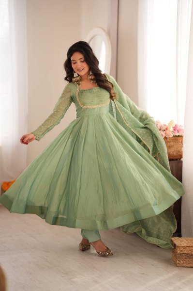 Festive Wear Aqua Green Designer Gown with Golden Lace Dupatta From Royal Export Ready To Wear Collection