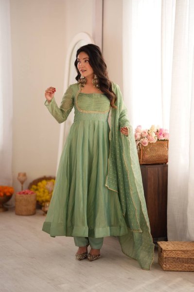 Festive Wear Aqua Green Designer Gown with Golden Lace Dupatta From Royal Export Ready To Wear Collection