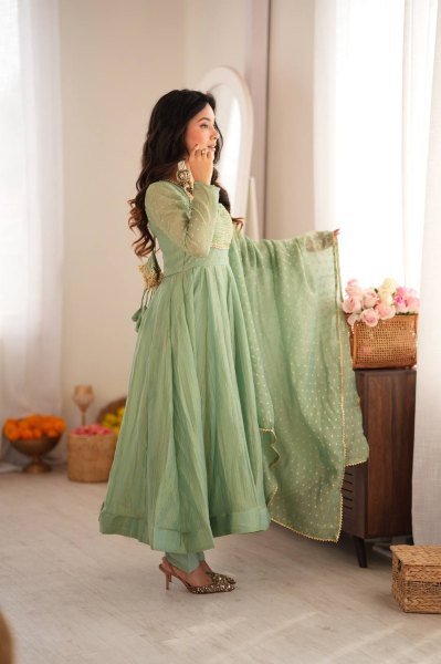 Festive Wear Aqua Green Designer Gown with Golden Lace Dupatta From Royal Export Ready To Wear Collection