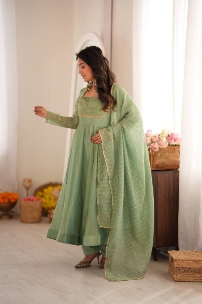 Festive Wear Aqua Green Designer Gown with Golden Lace Dupatta From Royal Export Ready To Wear Collection