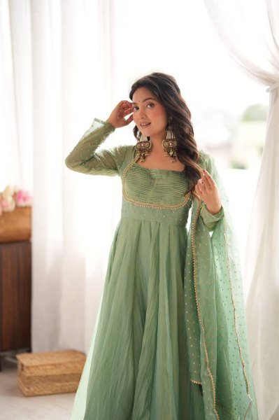 Festive Wear Aqua Green Designer Gown with Golden Lace Dupatta From Royal Export Ready To Wear Collection