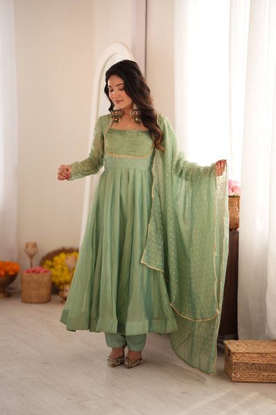 Festive Wear Aqua Green Designer Gown with Golden Lace Dupatta From Royal Export Ready To Wear Collection