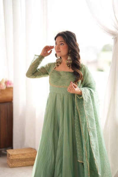 Festive Wear Aqua Green Designer Gown with Golden Lace Dupatta From Royal Export Ready To Wear Collection