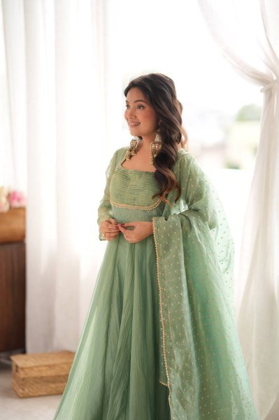 Festive Wear Aqua Green Designer Gown with Golden Lace Dupatta From Royal Export Ready To Wear Collection