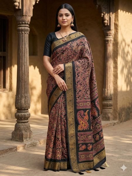 Festive Wear Black Pure Soft Silk Jacquard Border Saree With Mirror Work Silk Sarees Wholesale