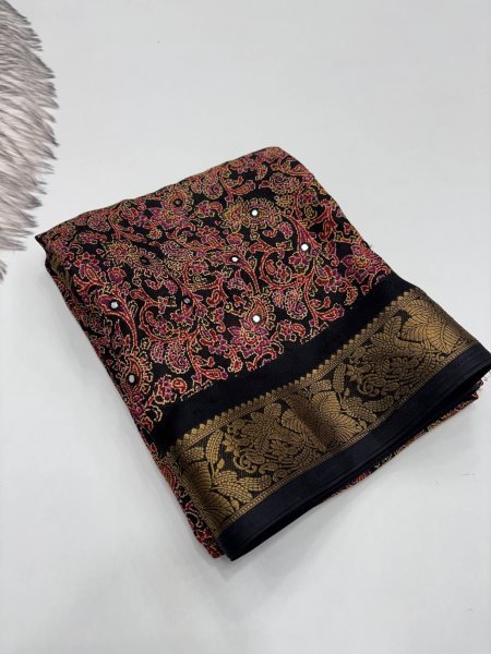 Festive Wear Black Pure Soft Silk Jacquard Border Saree With Mirror Work Silk Sarees Wholesale