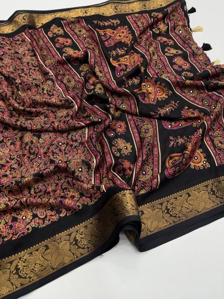 Festive Wear Black Pure Soft Silk Jacquard Border Saree With Mirror Work Silk Sarees Wholesale