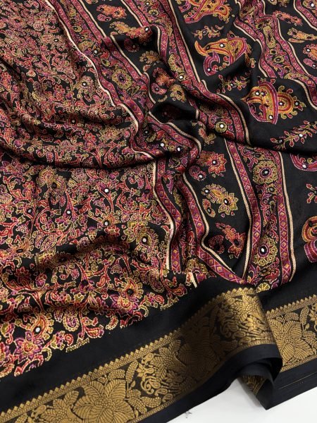 Festive Wear Black Pure Soft Silk Jacquard Border Saree With Mirror Work Silk Sarees Wholesale