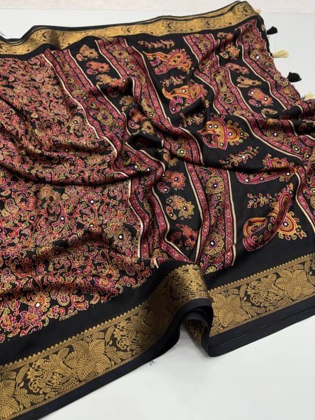 Festive Wear Black Pure Soft Silk Jacquard Border Saree With Mirror Work Silk Sarees Wholesale