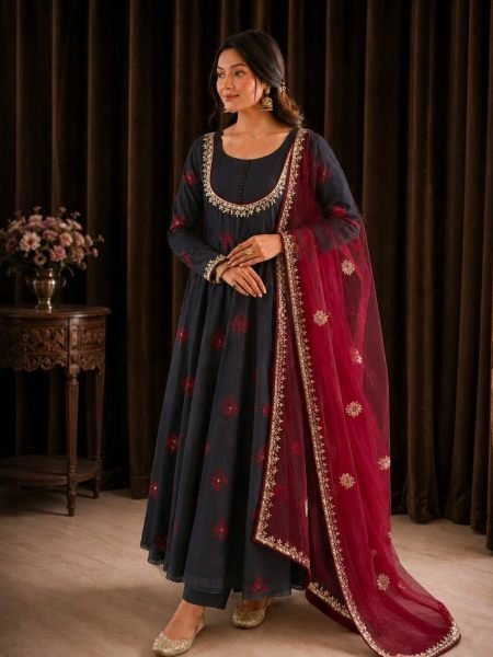 Festive Wear Black Roman Cotton Anarkali Gown with Embroidered Dupatta at Factory Price 