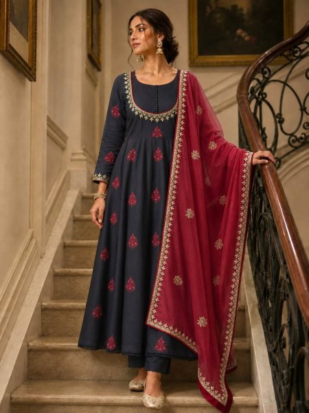 Festive Wear Black Roman Cotton Anarkali Gown with Embroidered Dupatta at Factory Price Ready To Wear Collection
