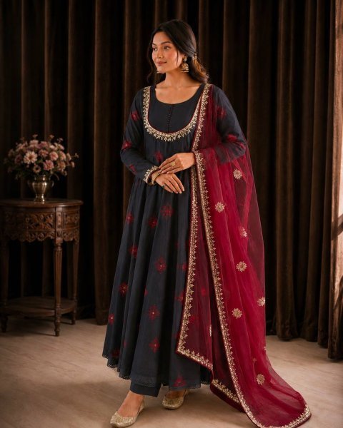 Festive Wear Black Roman Cotton Anarkali Gown with Embroidered Dupatta at Factory Price Ready To Wear Collection