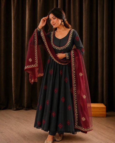 Festive Wear Black Roman Cotton Anarkali Gown with Embroidered Dupatta at Factory Price Ready To Wear Collection
