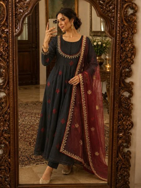 Festive Wear Black Roman Cotton Anarkali Gown with Embroidered Dupatta at Factory Price Ready To Wear Collection
