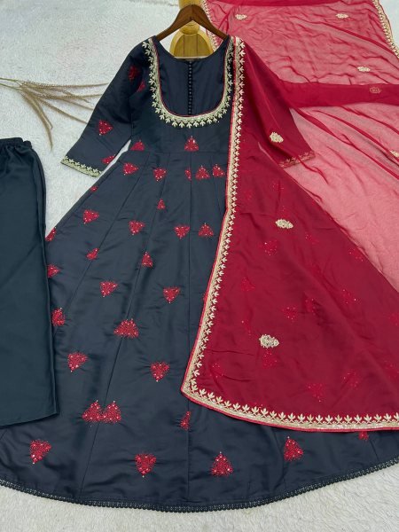 Festive Wear Black Roman Cotton Anarkali Gown with Embroidered Dupatta at Factory Price Ready To Wear Collection