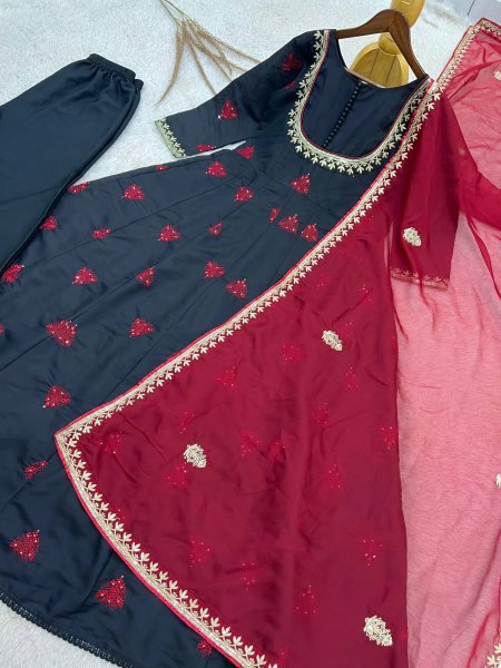 Festive Wear Black Roman Cotton Anarkali Gown with Embroidered Dupatta at Factory Price Ready To Wear Collection