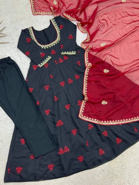 Festive Wear Black Roman Cotton Anarkali Gown with Embroidered Dupatta at Factory Price Ready To Wear Collection