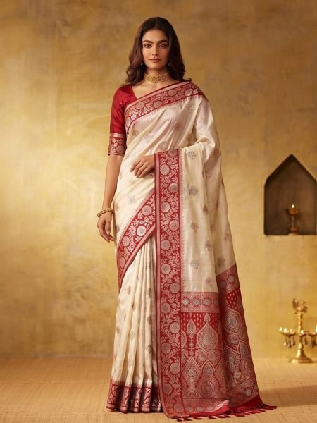 Festive Wear Cream Silk Blend Saree with Rich Zari Embroidery for Bulk Order 