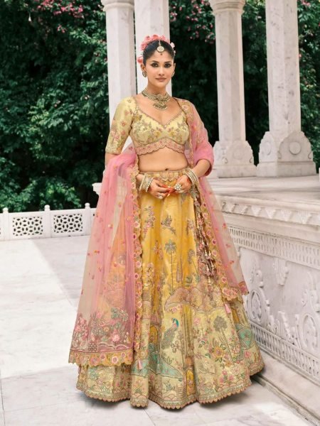 Festive Wear Cream Yellow Silk Lehenga with Sequence Work and Net Dupatta
