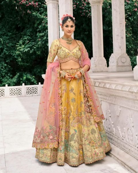 Festive Wear Cream Yellow Silk Lehenga with Sequence Work and Net Dupatta Bridal Lehenga Choli