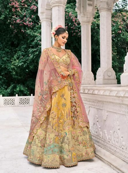 Festive Wear Cream Yellow Silk Lehenga with Sequence Work and Net Dupatta Bridal Lehenga Choli