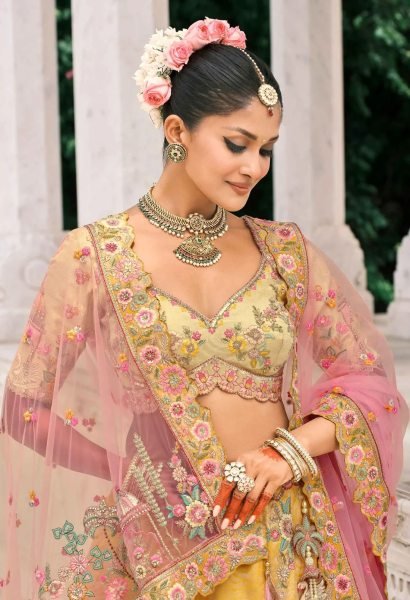 Festive Wear Cream Yellow Silk Lehenga with Sequence Work and Net Dupatta Bridal Lehenga Choli