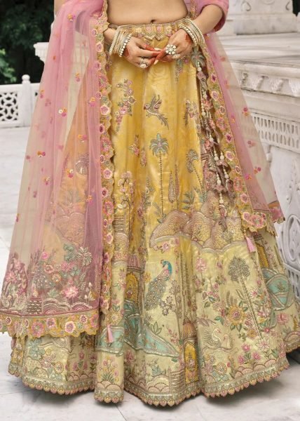 Festive Wear Cream Yellow Silk Lehenga with Sequence Work and Net Dupatta Bridal Lehenga Choli