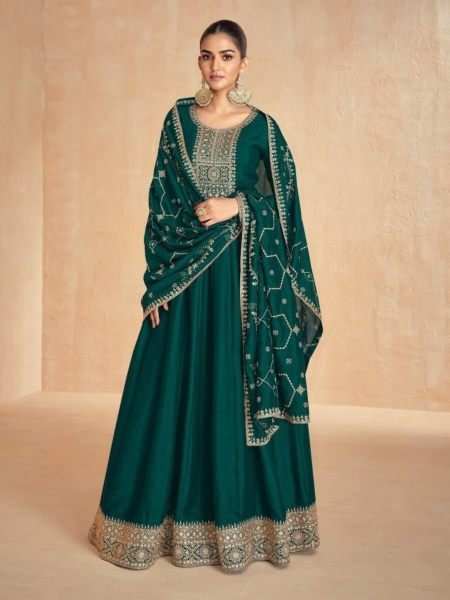 Festive Wear Dark Green Silk Anarkali Gown with Embroidered Dupatta 